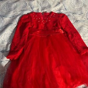 Elegant Red Lace Dress with Pearl Accents